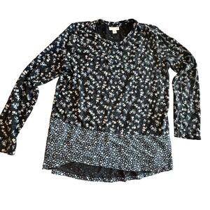 JJill Floral Long Sleeve Top Women Size M Blue Mixed Print Cotton Modal Tiered